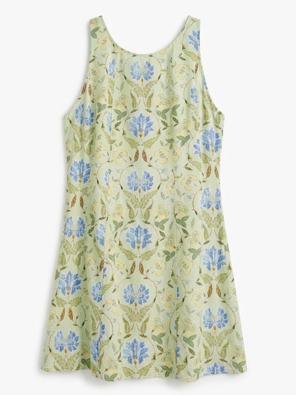 LOFT Linen Blend Floral A-Line Dress Lace Up Back Green Blue Size 14